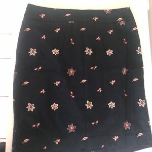 LOFT Navy Blue Midi Skirt with Pink Floral Design